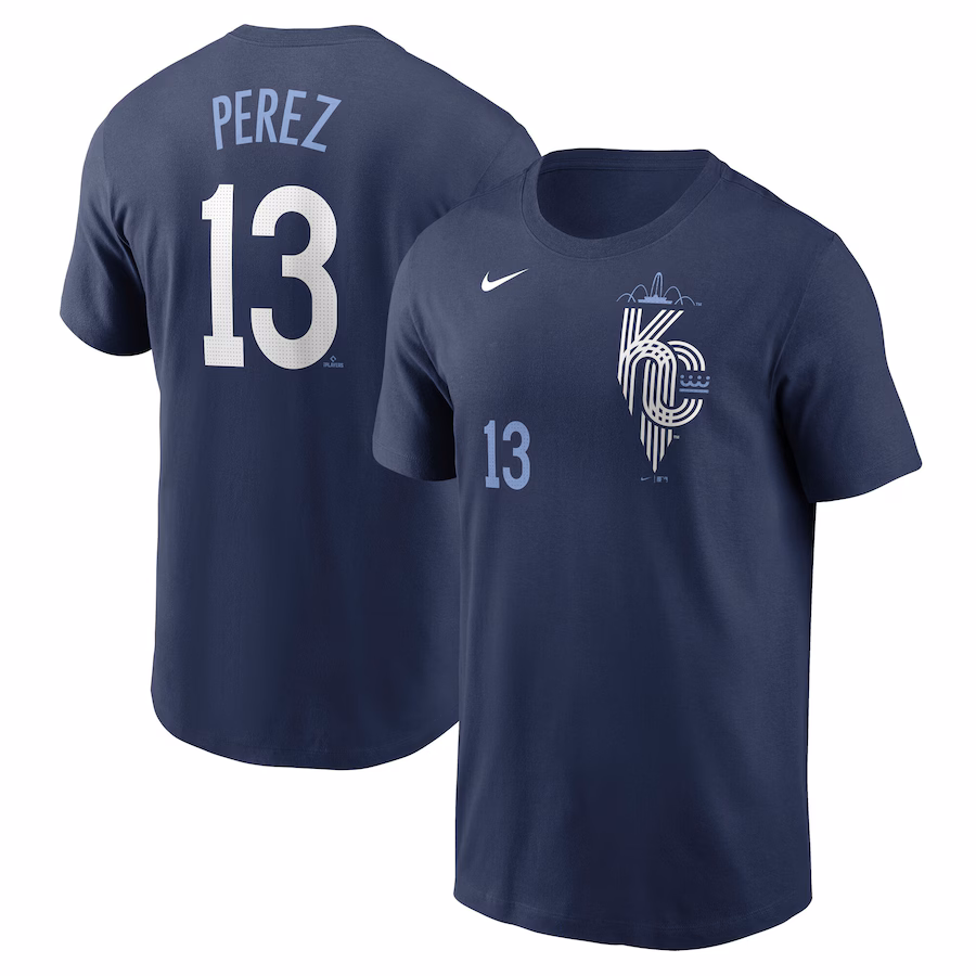Men's Kansas City Royals Salvador Perez Nike Navy 2024 City Connect Fuse Name & Number T-Shirt - ujerseystore