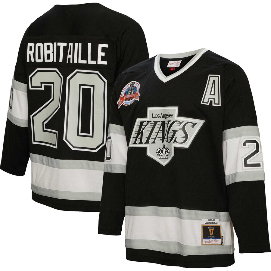 Men's Los Angeles Kings Luc Robitaille Mitchell & Ness Black 1992/93 Alternate Captain Patch Blue Line Player Jersey - ujerseystore
