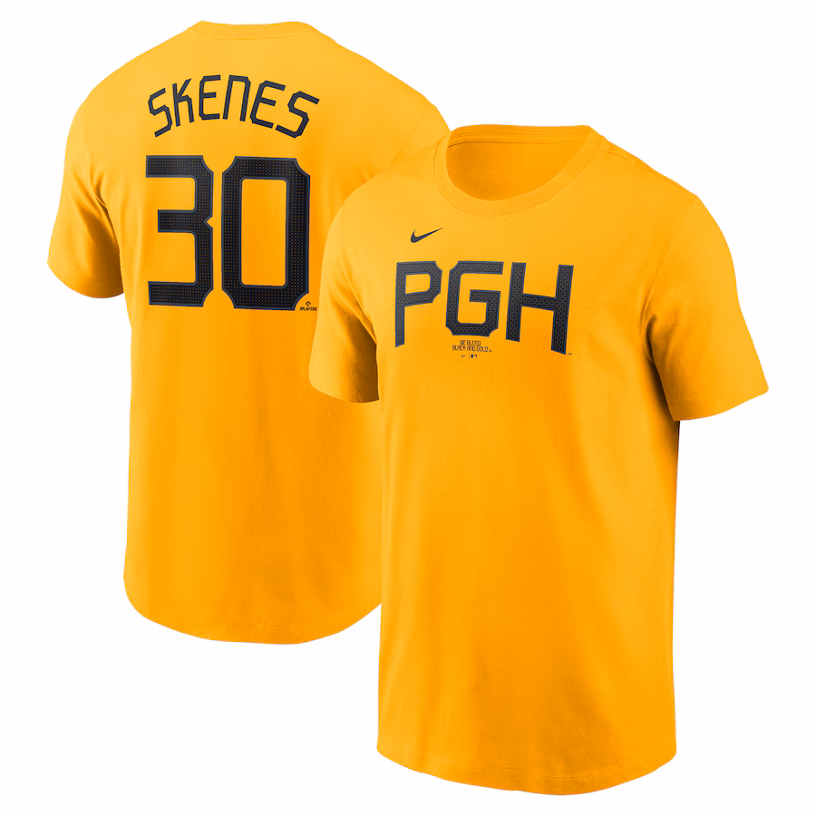 Men's Pittsburgh Pirates Paul Skenes Nike Gold Fuse Name & Number T-Shirt - ujerseystore