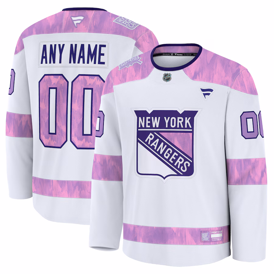 Men's New York Rangers Fanatics White 2024 Hockey Fights Cancer Custom Practice Jersey - ujerseystore