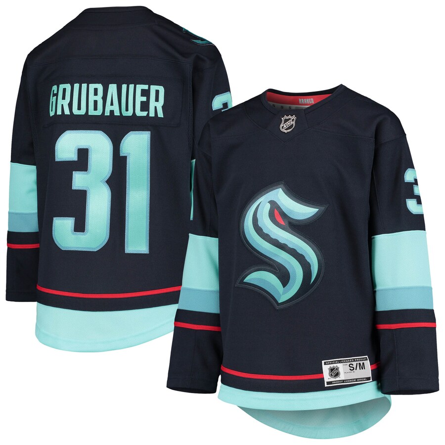 Youth Seattle Kraken Philipp Grubauer Deep Sea Blue Home Premier Player Jersey - ujerseystore