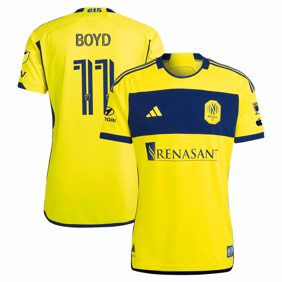 Men's Nashville SC Tyler Boyd adidas Yellow 2024 The 615 Kit Authentic Player Jersey - ujerseystore