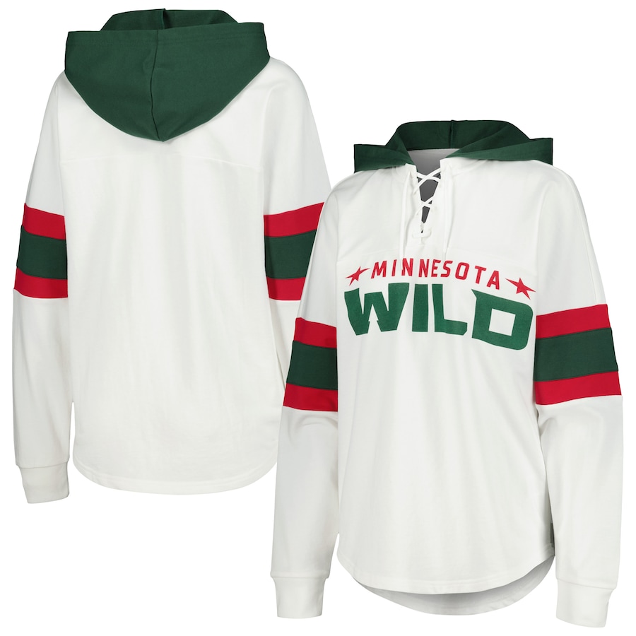 Women's Minnesota Wild G-III 4Her by Carl Banks White/Green Goal Zone Long Sleeve Lace-Up Hoodie T-Shirt - ujerseystore