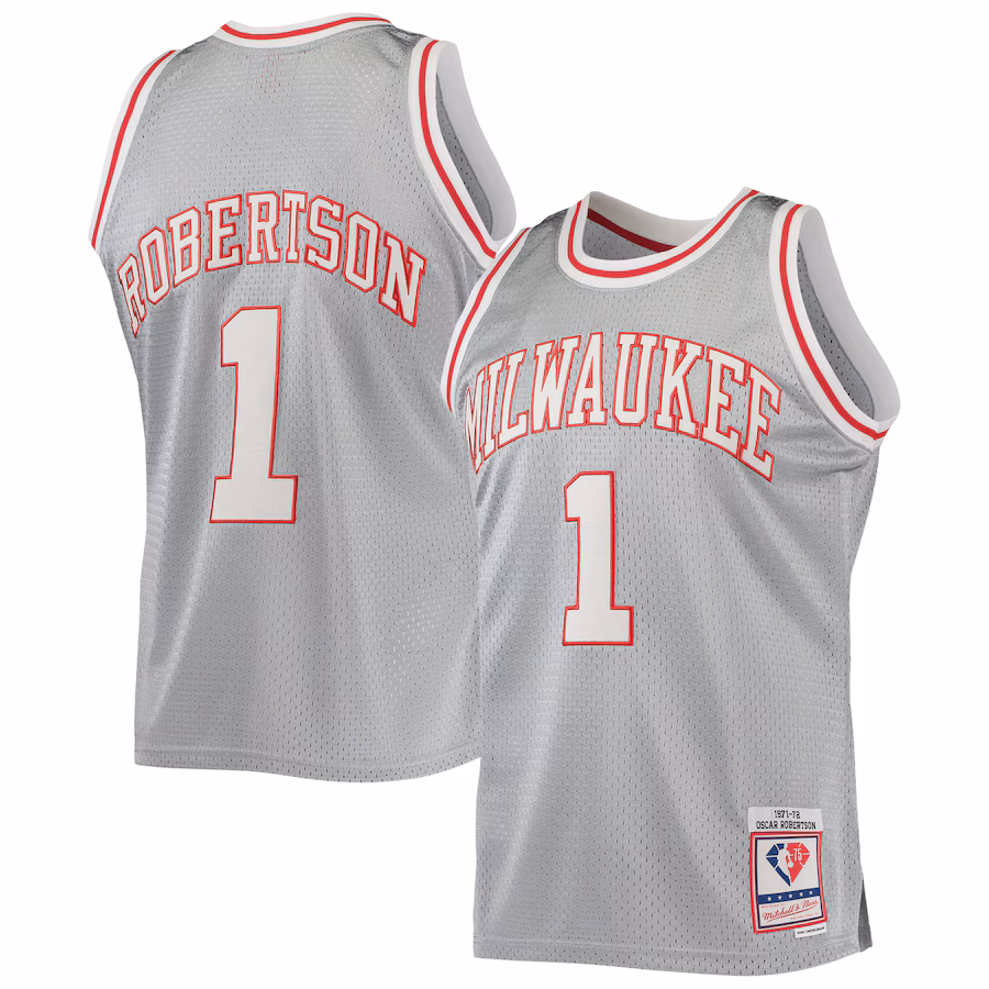 Men's Milwaukee Bucks Oscar Robertson Silver Mitchell & Ness 75th Anniversary 1971/72 Hardwood Classics Swingman Jersey - ujerseystore