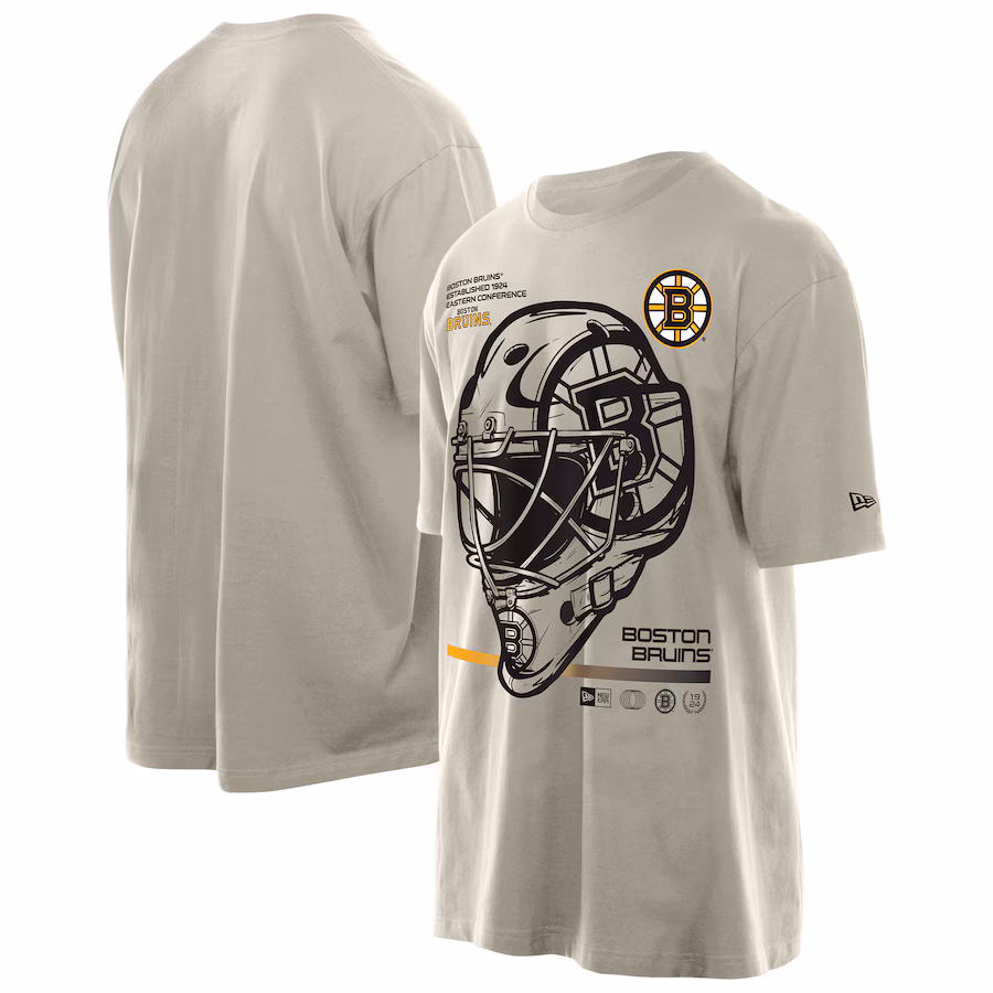 Men's Boston Bruins New Era Tan Goalie Mask T-Shirt - ujerseystore