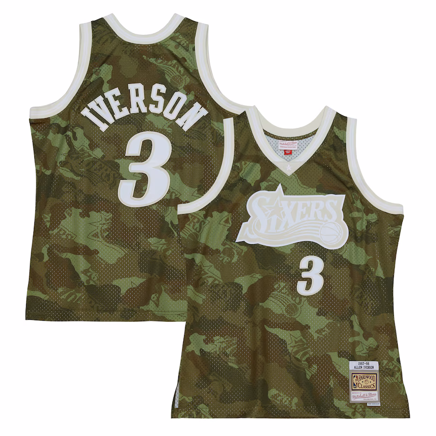 Men's Philadelphia 76ers Allen Iverson Mitchell & Ness Camo Hardwood Classics 1997/98 Ghost Green Swingman Jersey - ujerseystore