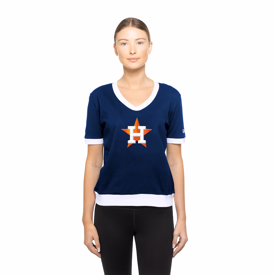 Women's Houston Astros New Era Navy Game Day Rhinestone V-Neck T-Shirt - ujerseystore