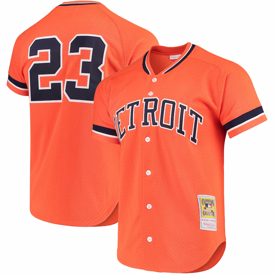 Men's Detroit Tigers Kirk Gibson Mitchell & Ness Orange Cooperstown Collection Mesh Batting Practice Button-Up Jersey - ujerseystore