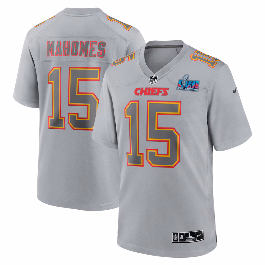 Men's Kansas City Chiefs Patrick Mahomes Nike Gray Super Bowl LVII (2022 Season) Patch Atmosphere Fashion Game Jersey - ujerseystore