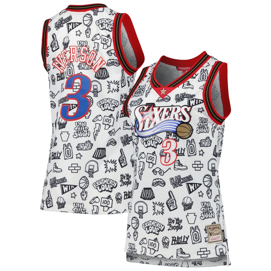 Women's Philadelphia 76ers Allen Iverson Mitchell & Ness White 2000 Doodle Swingman Jersey - ujerseystore