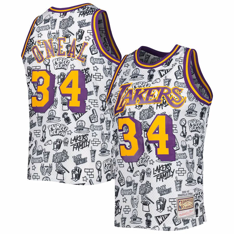 Men's Los Angeles Lakers Shaquille O'Neal Mitchell & Ness White 1996/97 Hardwood Classics Doodle Swingman Jersey - ujerseystore
