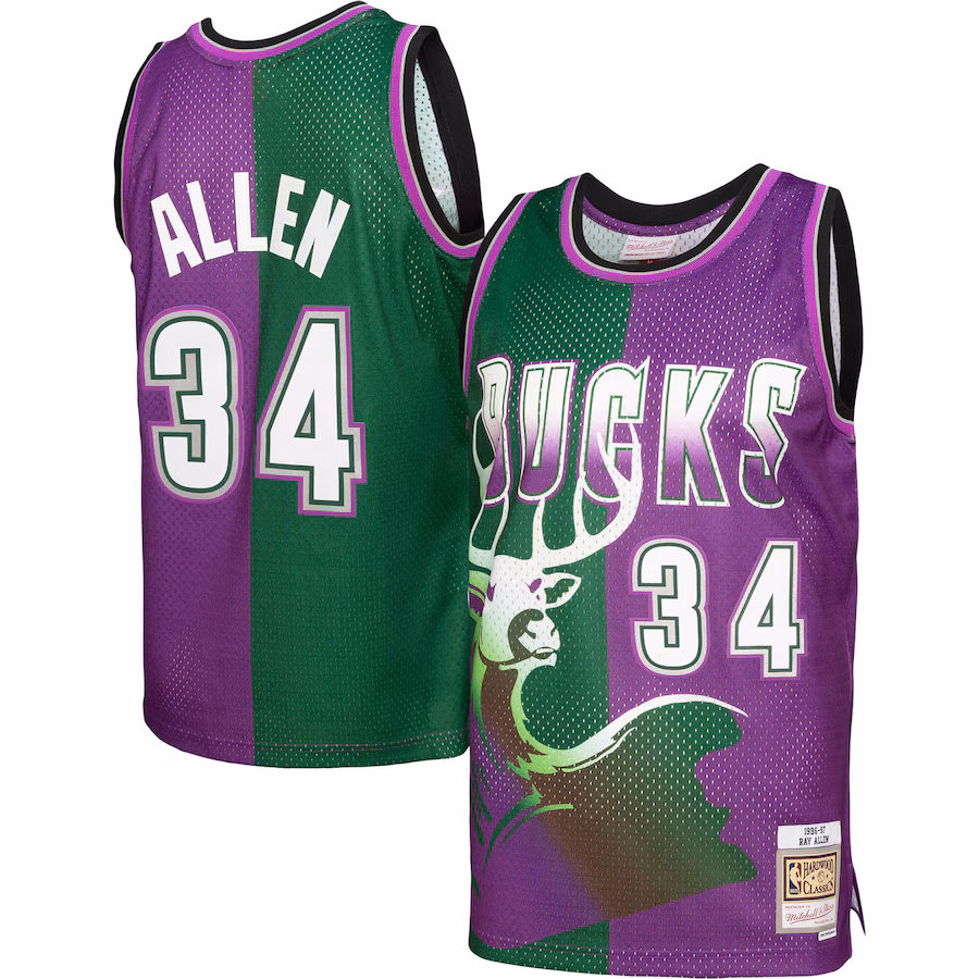 Men's Milwaukee Bucks Ray Allen Mitchell & Ness Green/Purple Hardwood Classics 1996/97 Split Swingman Jersey - ujerseystore