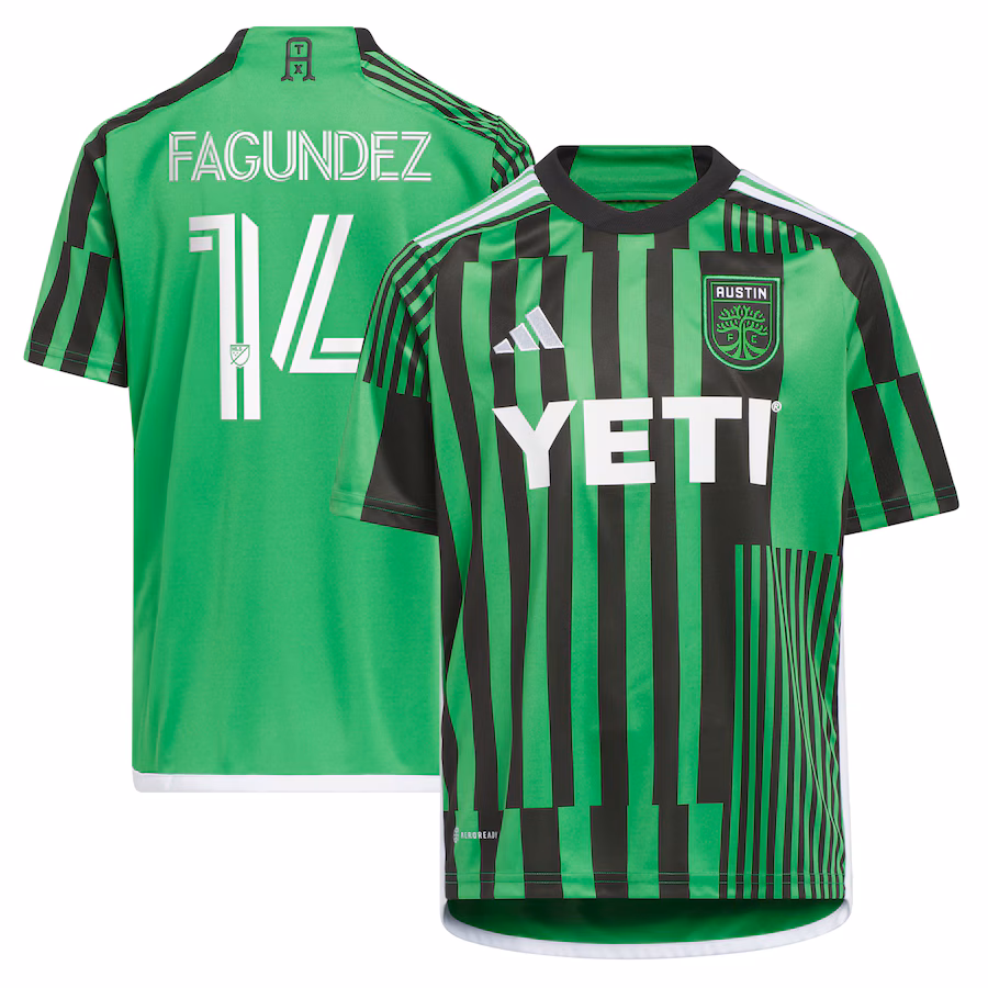 Youth Austin FC Diego Fagundez adidas Green 2023 Las Voces Kit Replica Jersey - ujerseystore
