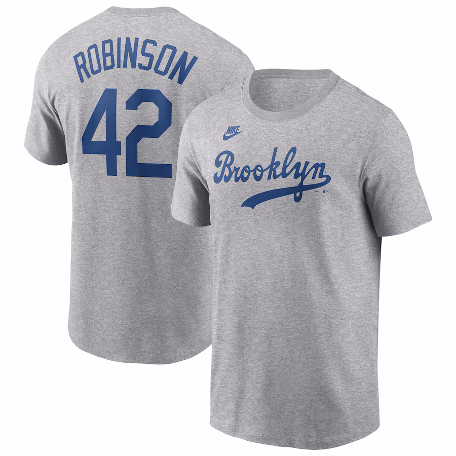 Men's Brooklyn Dodgers Jackie Robinson Nike Heather Gray Cooperstown Collection Fuse Name & Number T-Shirt - ujerseystore
