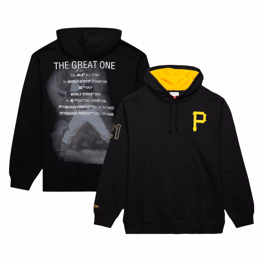 Men's Pittsburgh Pirates Roberto Clemente Mitchell & Ness Black Vintage Logo Name & Number Pullover Hoodie - ujerseystore