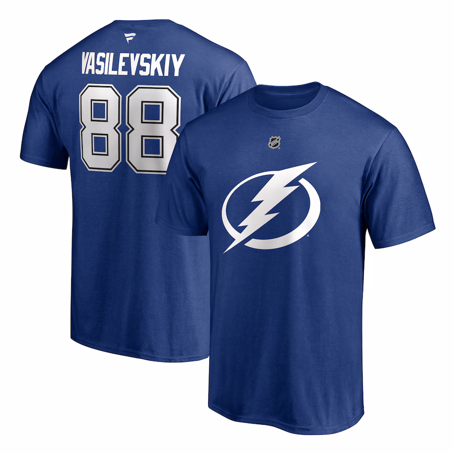 Men's Tampa Bay Lightning Andrei Vasilevskiy Fanatics Blue Authentic Stack Name & Number T-Shirt - ujerseystore