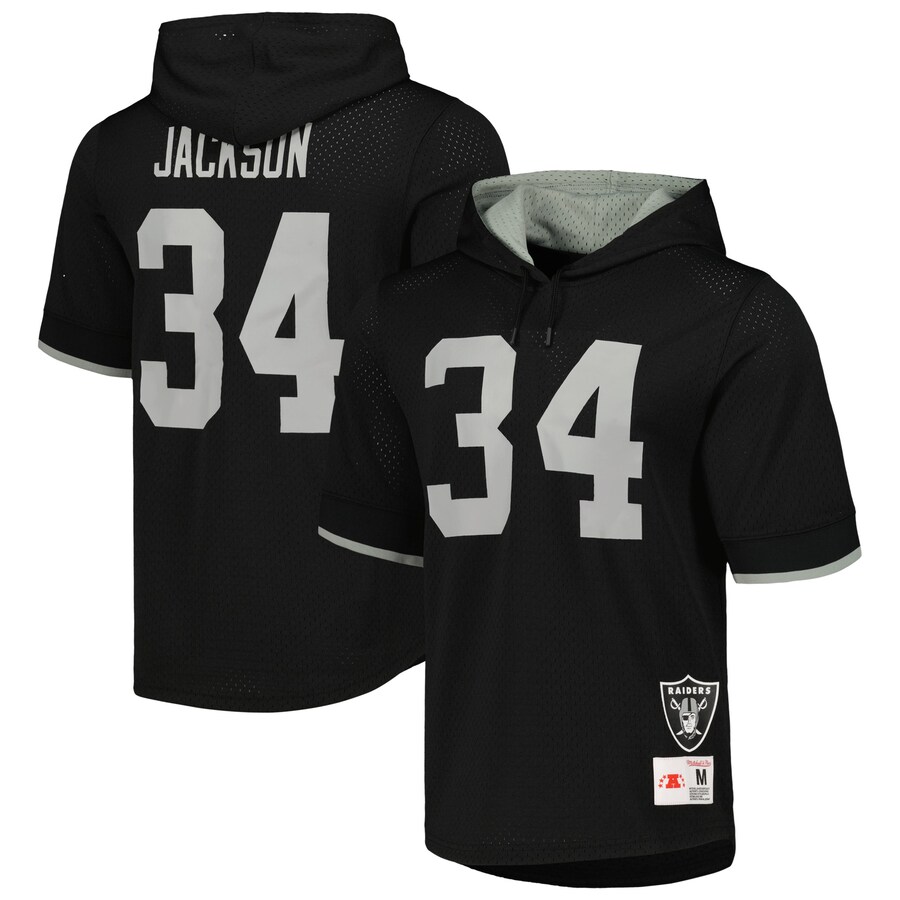 Men's Los Angeles Raiders Bo Jackson Mitchell & Ness Black Gridiron Classics Retired Player Name & Number Mesh Hoodie T-Shirt - ujerseystore