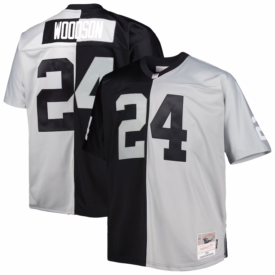 Men's Las Vegas Raiders Charles Woodson Mitchell & Ness Black/Silver Big & Tall Split Legacy Retired Player Replica Jersey - ujerseystore
