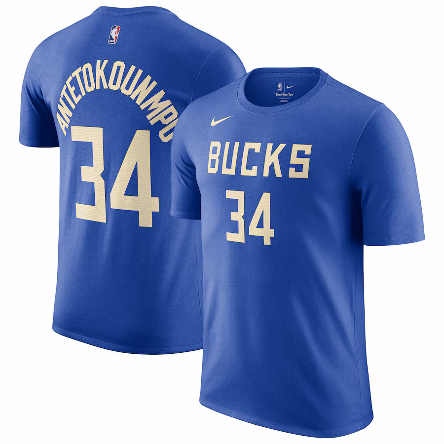 Men's Milwaukee Bucks Giannis Antetokounmpo Nike Royal 2024/25 City Edition Name & Number T-Shirt - ujerseystore