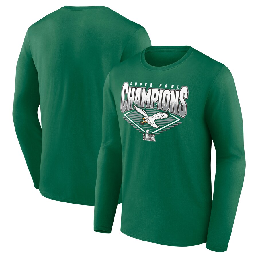 Men's Philadelphia Eagles  Fanatics Kelly Green Super Bowl LIX Champions Retro Graphic Long Sleeve T-Shirt - ujerseystore