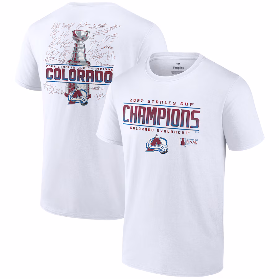 Men's Colorado Avalanche Fanatics White 2022 Stanley Cup Champions Signature Roster T-Shirt - ujerseystore