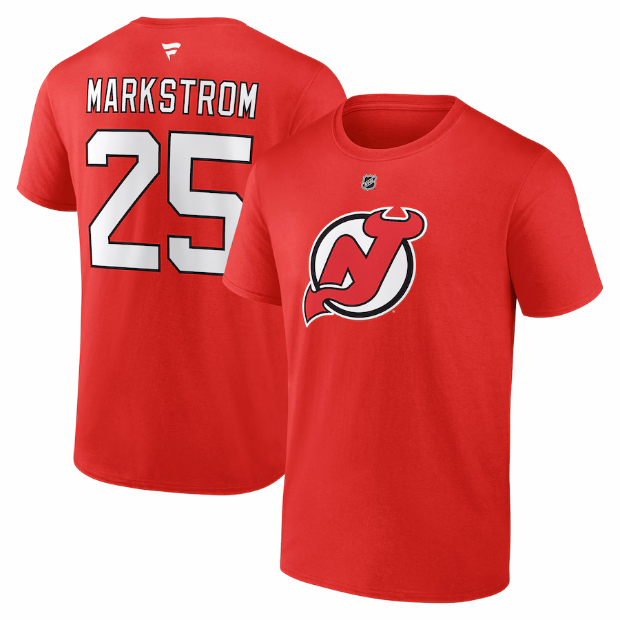 Men's New Jersey Devils Jacob Markstrom Fanatics Red Authentic Stack Name & Number T-Shirt - ujerseystore