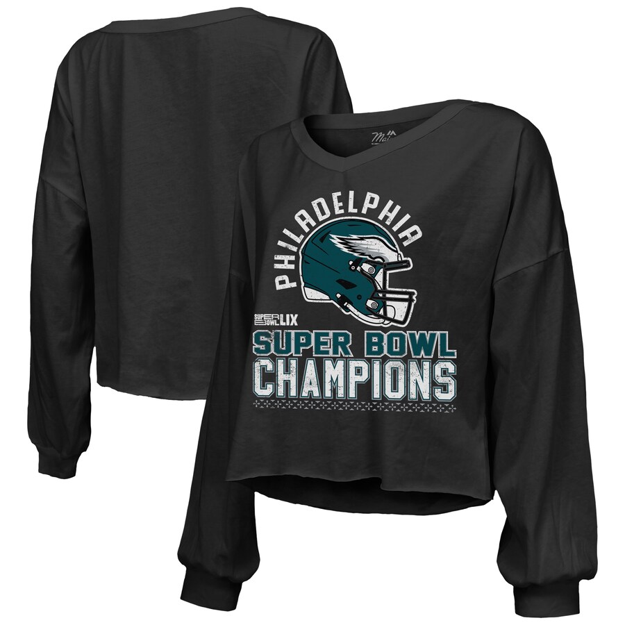Women's Philadelphia Eagles  Majestic Threads Black Super Bowl LIX Champions Hard Count Off Shoulder V-Neck Long Sleeve T-Shirt - ujerseystore
