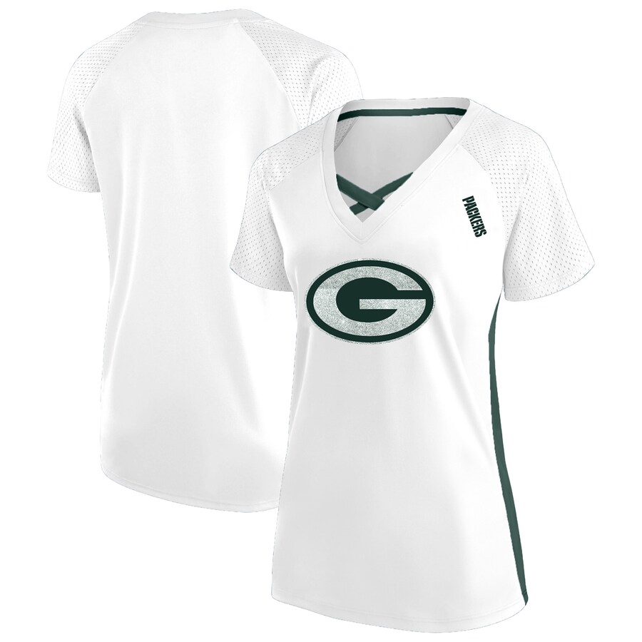 Women's Green Bay Packers Fanatics White Plus Size Glitter Lace-Up V- Neck T-Shirt - ujerseystore