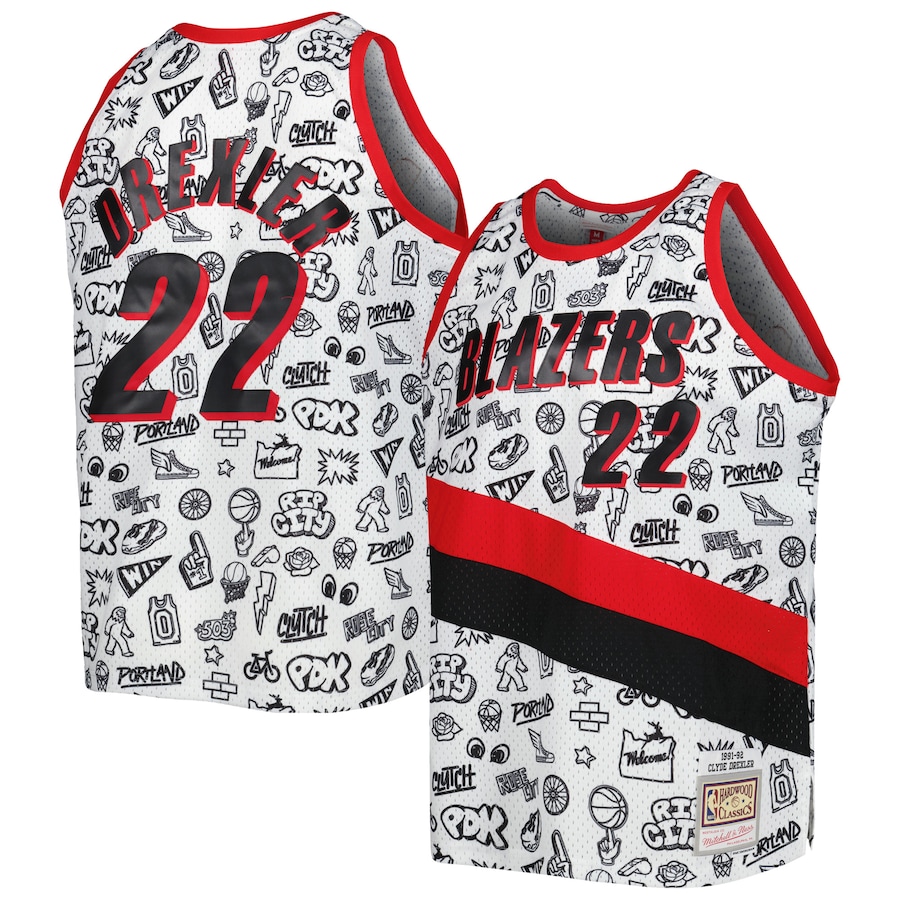 Men's Portland Trail Blazers Clyde Drexler Mitchell & Ness White 1991/92 Hardwood Classics Doodle Swingman Player Jersey - ujerseystore