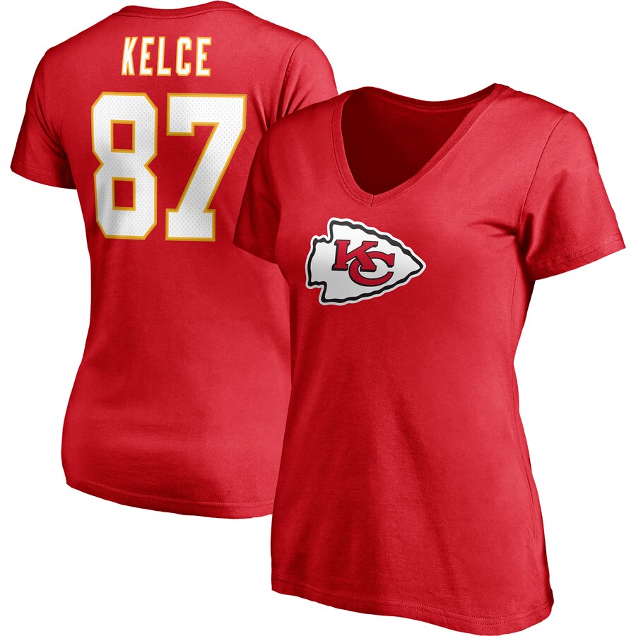 Women's Kansas City Chiefs Travis Kelce Fanatics Red Player Icon Name & Number V-Neck T-Shirt - ujerseystore