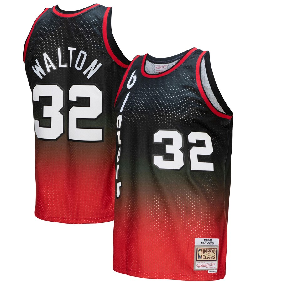 Men's Portland Trail Blazers Bill Walton Mitchell & Ness Red/Black 1976/77 Hardwood Classics Fadeaway Swingman Player Jersey - ujerseystore