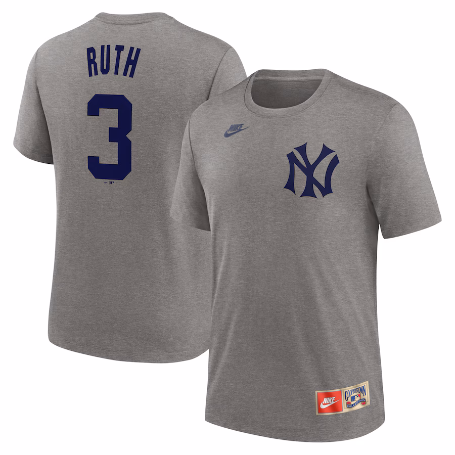 Men's New York Yankees Babe Ruth Nike Heather Gray Cooperstown Collection Tri-Blend Name & Number T-Shirt - ujerseystore