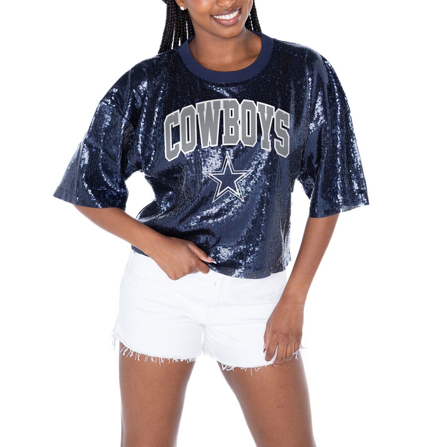 Women's Dallas Cowboys  Gameday Couture Navy Rise Up Sequin Cropped T-Shirt - ujerseystore