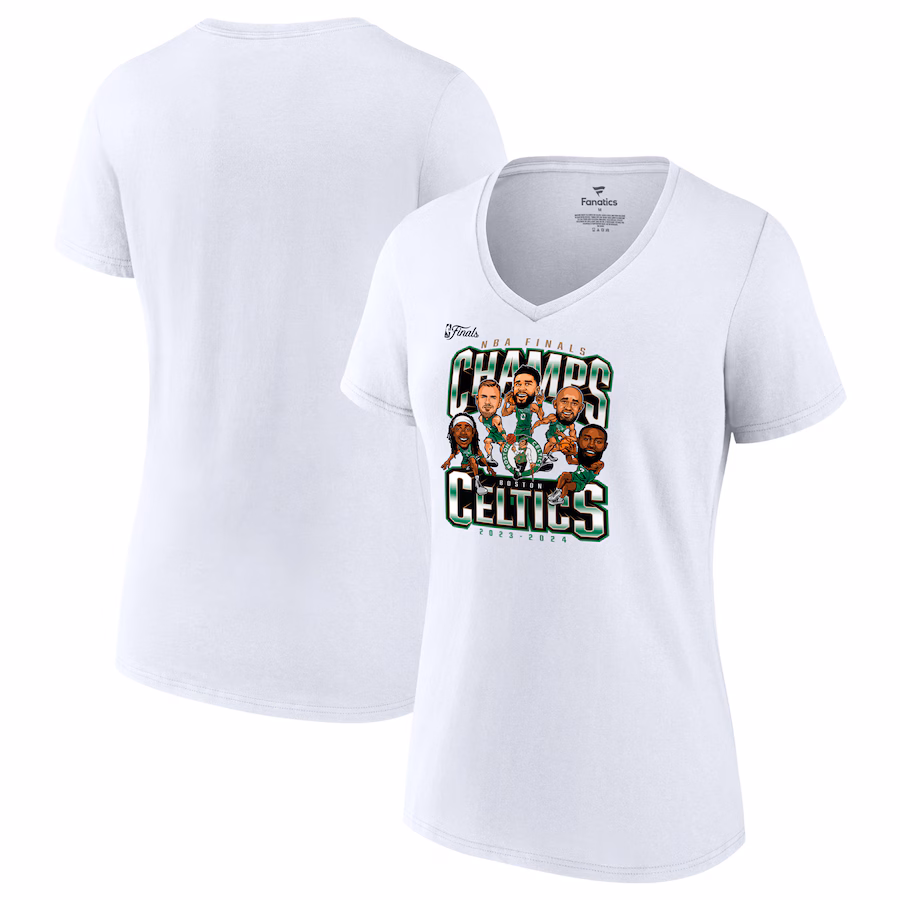 Women's Boston Celtics Fanatics White 2024 NBA Finals Champions Pull Up Jumper Caricature V-Neck T-Shirt - ujerseystore