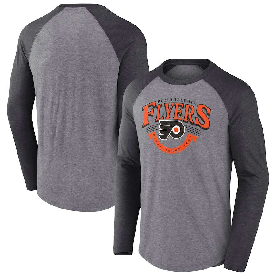 Men's Philadelphia Flyers Fanatics Heather Gray/Heather Charcoal Goal Crease Raglan Tri-Blend Long Sleeve T-Shirt - ujerseystore