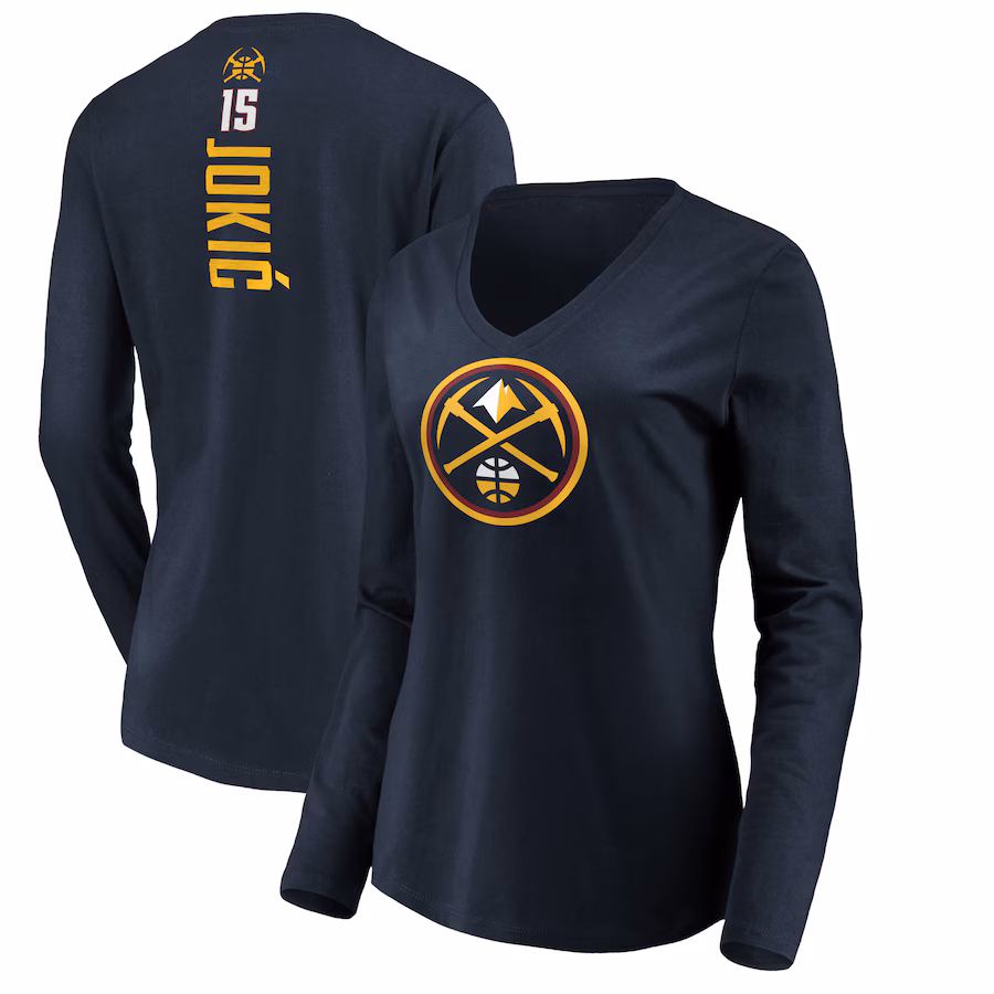 Women's Denver Nuggets Nikola Jokic Navy Playmaker Name & Number Long Sleeve V-Neck T-Shirt - ujerseystore