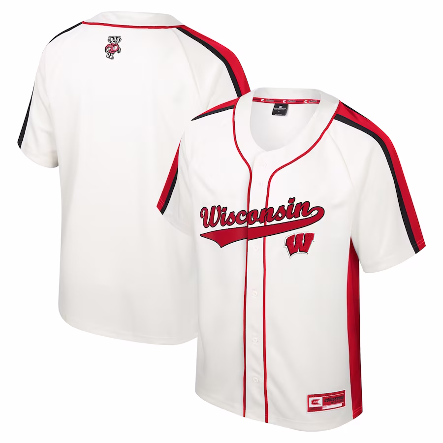 Wisconsin Badgers Colosseum Ruth Button-Up Baseball Jersey - Cream - ujerseystore