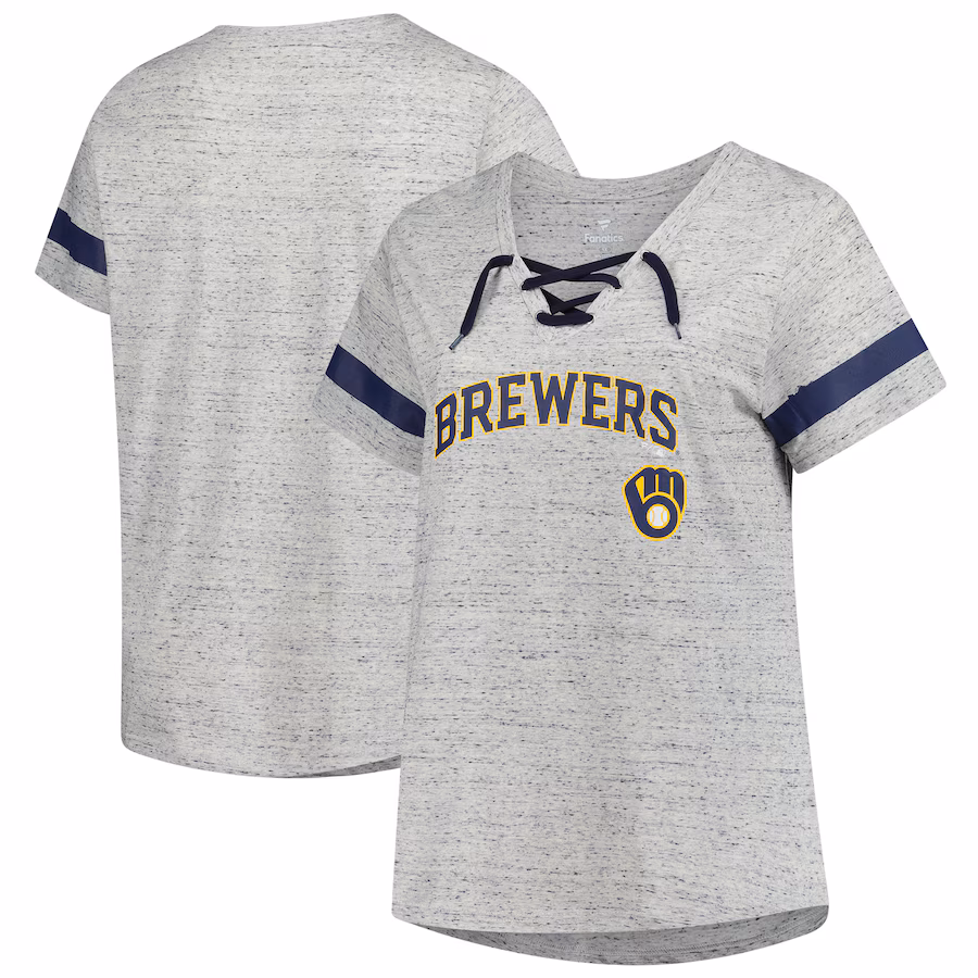 Women's Milwaukee Brewers Profile Heather Gray Raglan Lace-Up Fleck T-Shirt - ujerseystore