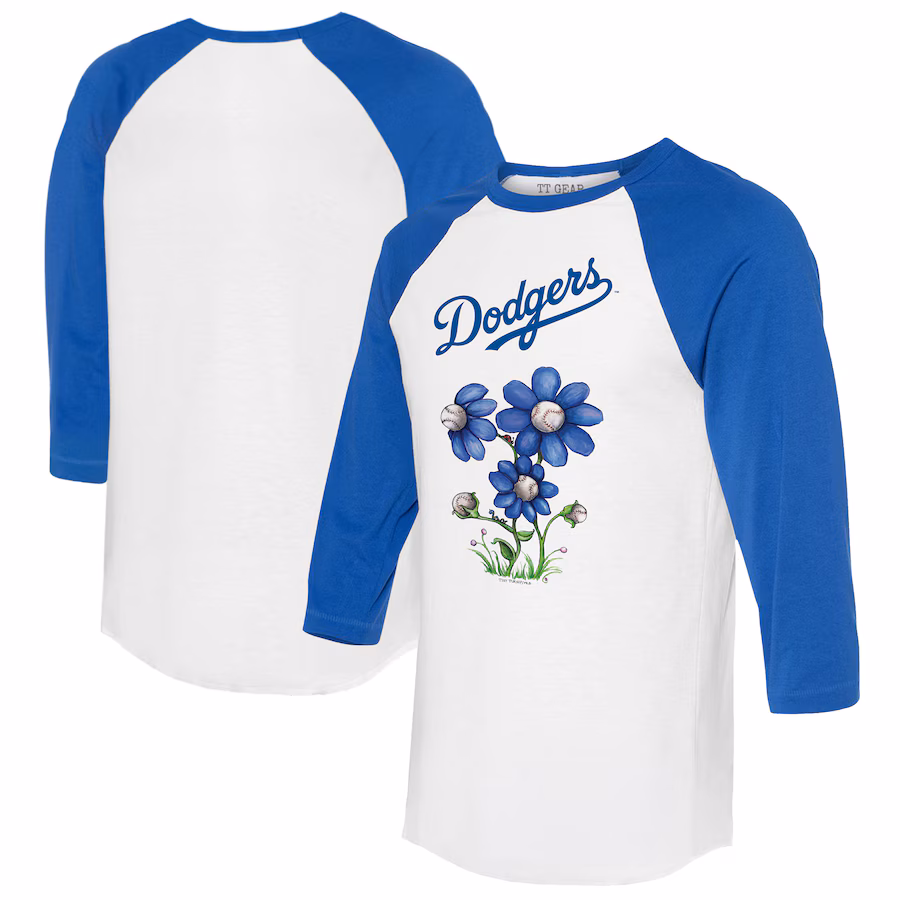 Women's Los Angeles Dodgers Tiny Turnip White/Royal Blooming Baseballs 3/4-Sleeve Raglan T-Shirt - ujerseystore