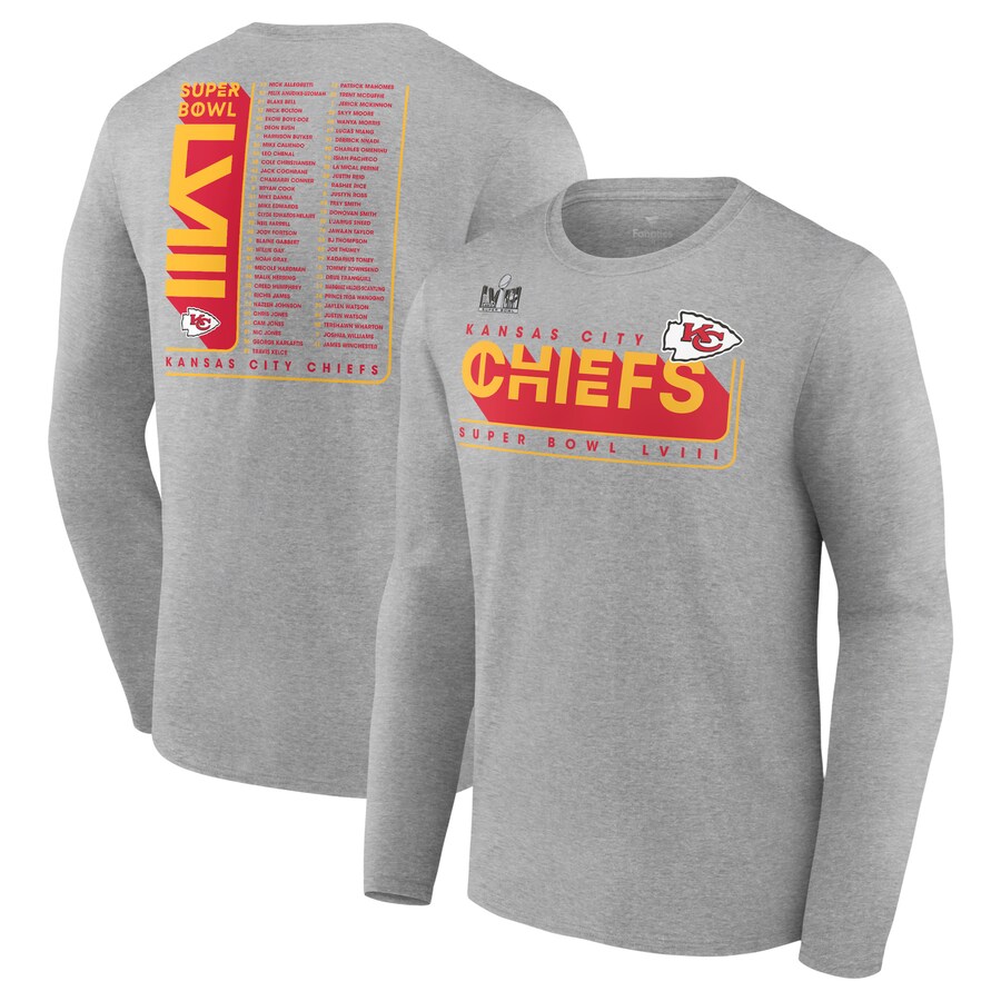 Men's Kansas City Chiefs Fanatics Heather Charcoal Super Bowl LVIII Roster Long Sleeve T-Shirt - ujerseystore