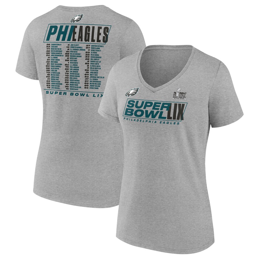 Women's Philadelphia Eagles Fanatics Heather Gray Super Bowl LIX Roster V-Neck T-Shirt - ujerseystore