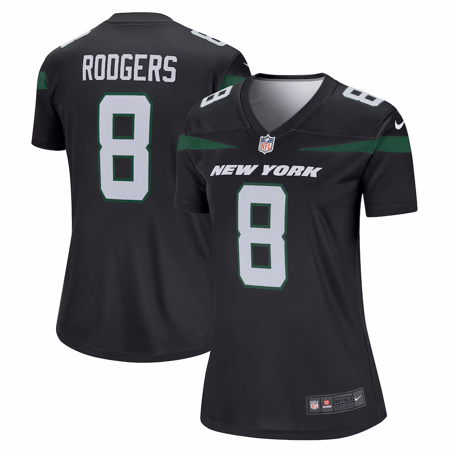 Women's New York Jets Aaron Rodgers Nike Stealth Black Alternate Legend Player Performance Top - ujerseystore