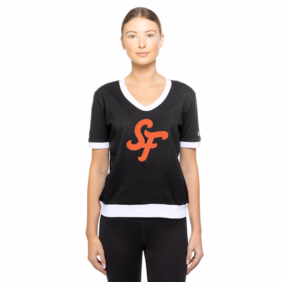 Women's San Francisco Giants New Era Black 2025 City Connect Rhinestone V-Neck T-Shirt - ujerseystore