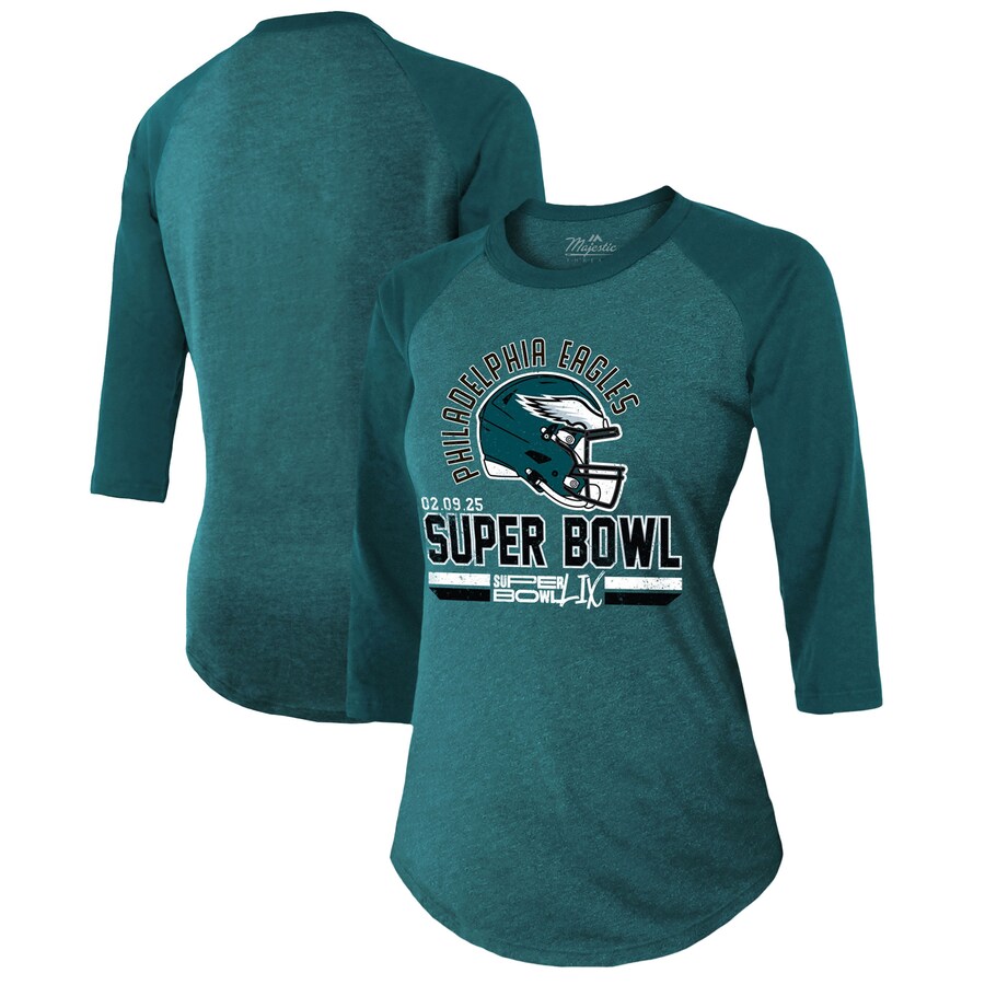 Women's Philadelphia Eagles Majestic Threads Midnight Green Super Bowl LIX Hard Count Tri-Blend Raglan 3/4-Sleeve T-Shirt - ujerseystore