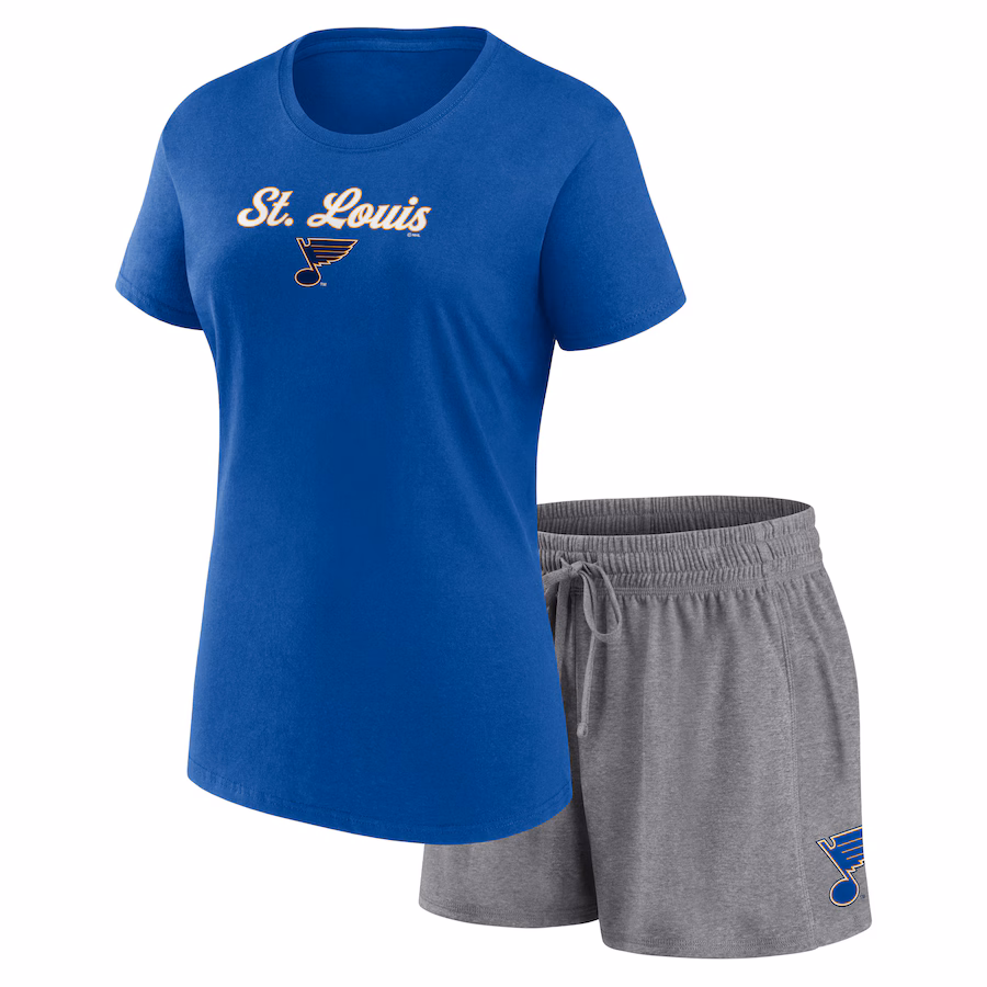 Women's St. Louis Blues Fanatics Blue/Gray Script T-Shirt & Shorts Set - ujerseystore