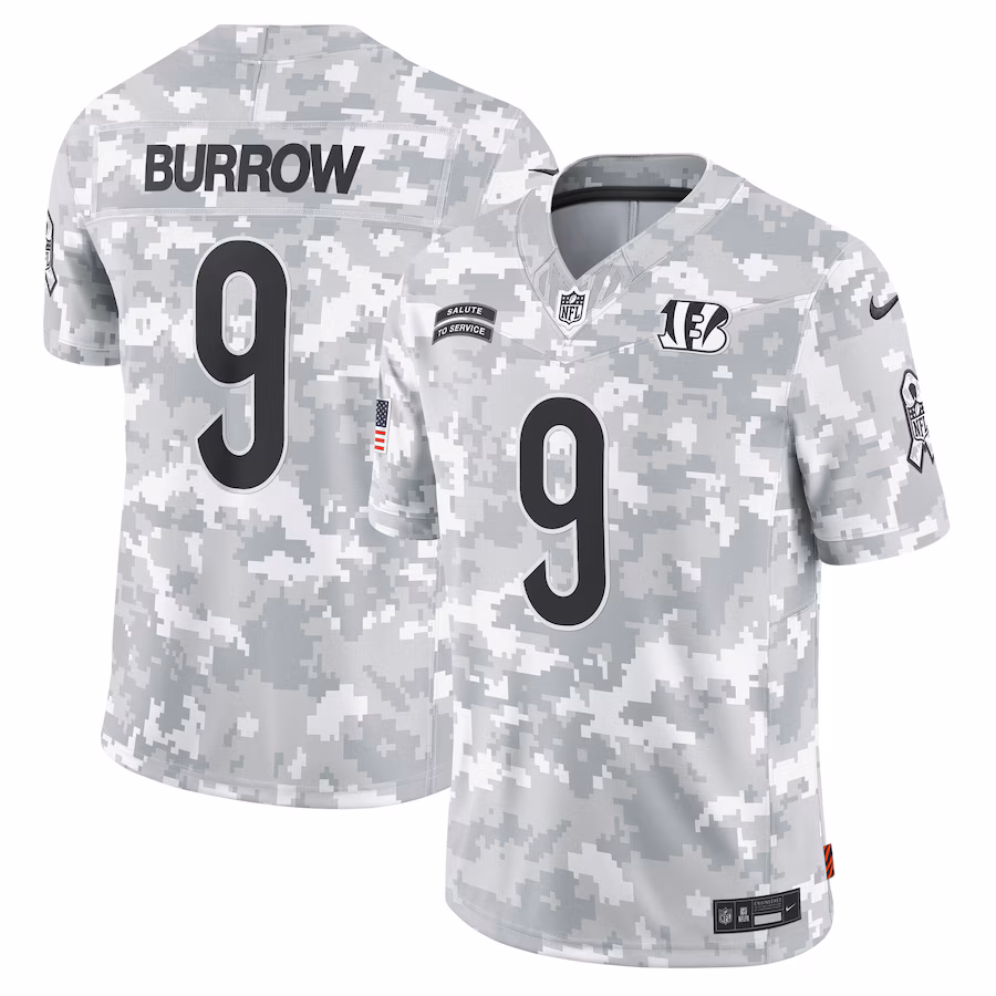 Men's Cincinnati Bengals Joe Burrow Nike Arctic Camo 2024 Salute to Service Limited Jersey - ujerseystore