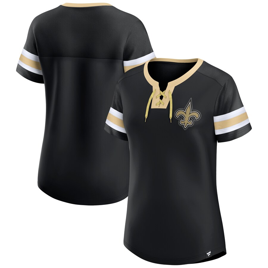 Women's New Orleans Saints Fanatics Black Bling Athena Jersey Style Lace-up T-Shirt - ujerseystore