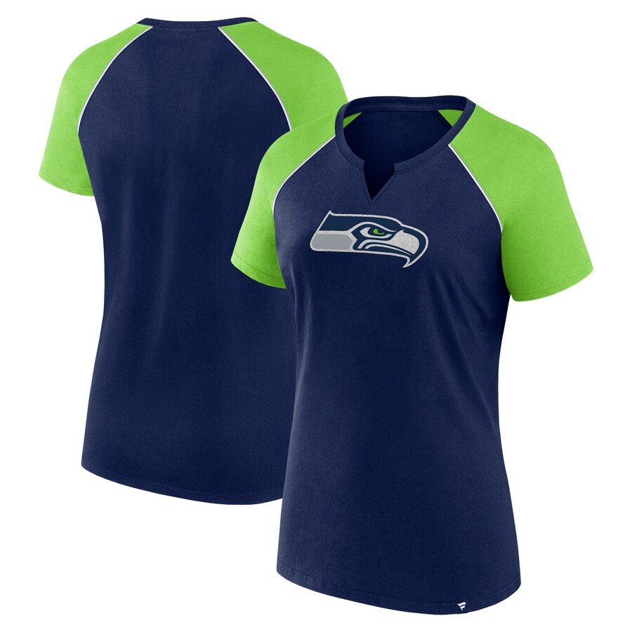 Women's Seattle Seahawks Fanatics College Navy/Neon Green Glittered Primary Raglan T-Shirt - ujerseystore