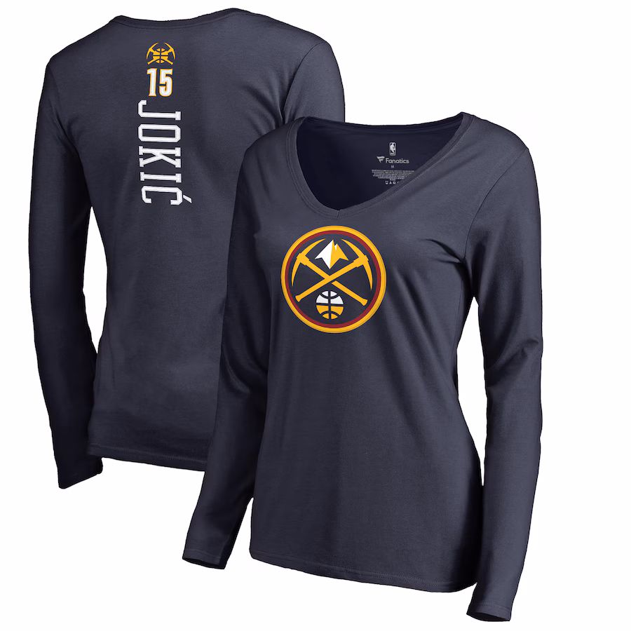 Women's Denver Nuggets Nikola Jokic Navy Team Backer Name & Number Long Sleeve V-Neck T-Shirt - ujerseystore