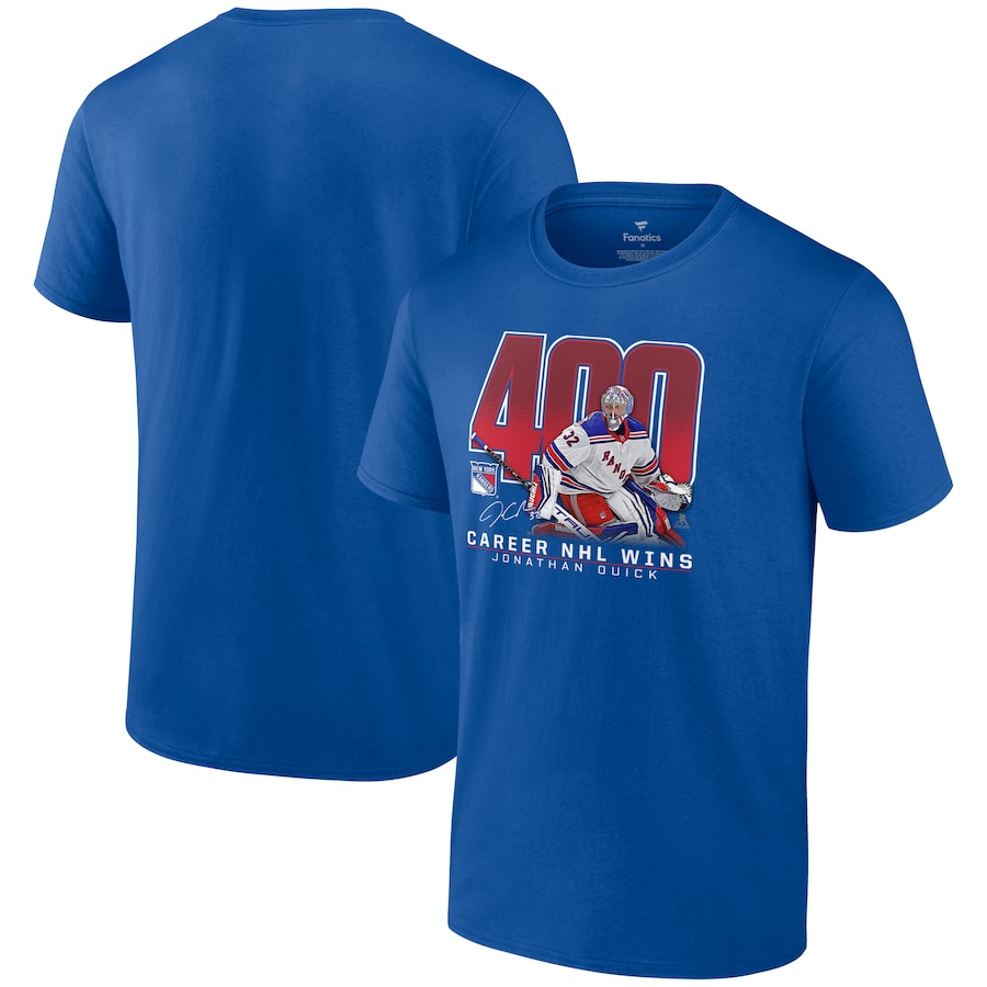 Men's New York Rangers Jonathan Quick Blue 400 Career Wins T-Shirt - ujerseystore